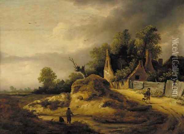 A cloudy landscape with a father and son fishing in a pond near a cottage Oil Painting - Roelof van Vries