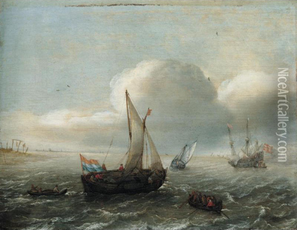 A Fishing Boat And Other Dutch Vessels Under Sail Off The Coast Oil Painting - Hans Goderis