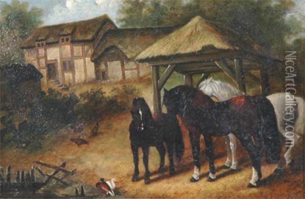 Farmyard Scene With Horses, Chickens & Ducks Oil Painting - John Frederick Herring Snr
