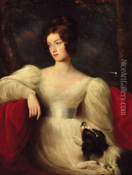 Portrait of a lady, three-quarter-length, in a white dress, seated with a dog by her side, in a landscape Oil Painting - Sir Thomas Lawrence
