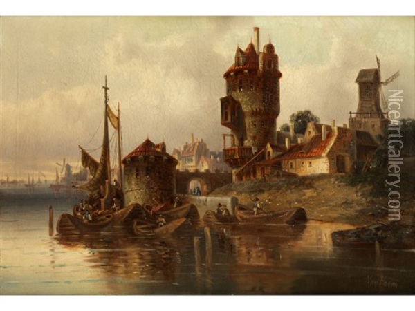 Hollandische Stadtansicht Mit Schiffen Oil Painting - Ludwig Hermann