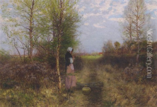 French Peasant Girl In A Landscape Oil Painting - Frank C. Penfold