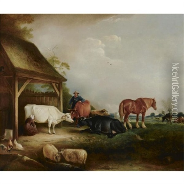 A Herdsman With Cattle, Sheep And Chickens Oil Painting - John E. Ferneley