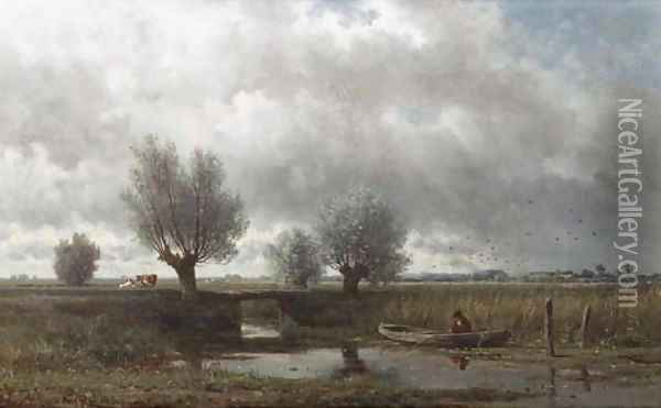 Na de regen a fisherman in a polder landscape Oil Painting - Willem Roelofs