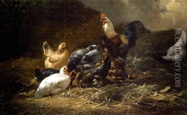 Chickens In A Barnyard Oil Painting - Eugene Remy Maes