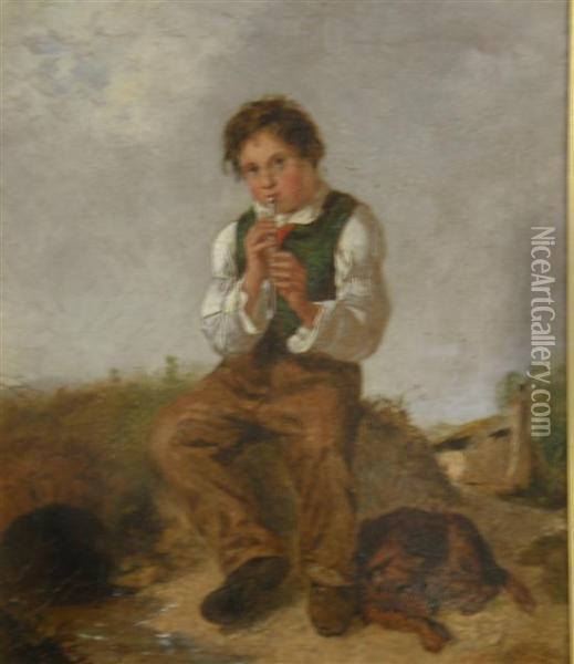 Young Boy Playing A Penny Whistle With Attendant Dog Oil Painting - Alfred H. Green
