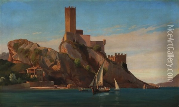 View Of Lake Garda With The Medieval Castle Castello Scaligero At Malcesine Oil Painting - Johann Hermann Carmiencke