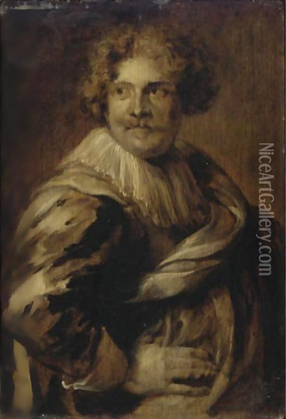 Portrait of Simon de Vos, half-length, in a falling ruff, pink jacket and satin sash, en grisaille Oil Painting - Sir Anthony Van Dyck