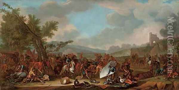 A military encampment after a battle Oil Painting - Adam Frans van der Meulen