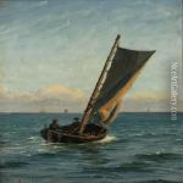 Seascape With Two Fishermen In A Sailing Boat Oil Painting - Vilhelm Karl Ferd. Arnesen