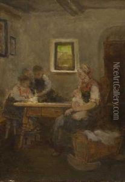 Mutter Mit Ihren Kindern In Der Stube. Oil Painting - Mathias Schmid