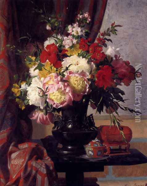 Still Life With Peonies Oil Painting - Marc-Laurent Bruyas