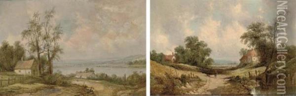 Cottages In A Summer Landscape With A River Beyond; And A Figure On A Country Track Oil Painting - A.H. Vickers