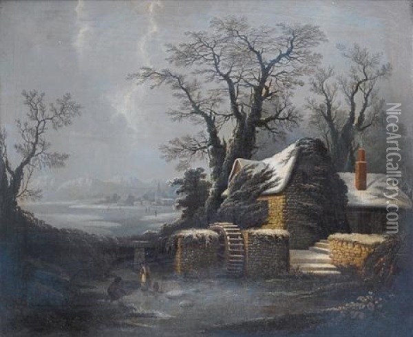 A Winter Landscape With A Watermill Beside A Frozen River Oil Painting - George Smith of Chichester