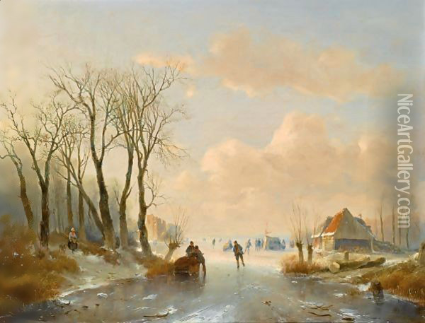 Skaters On The Ice, A 'Koek En Zopie' In The Distance Oil Painting - Andreas Schelfhout