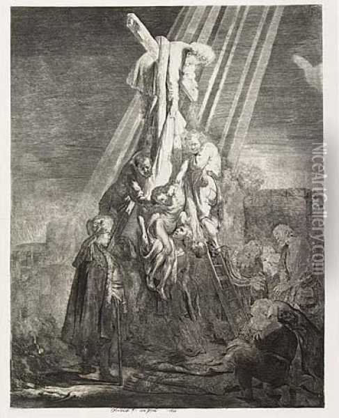 The Descent From The Cross: Second Plate<</b> Oil Painting - Rembrandt Van Rijn