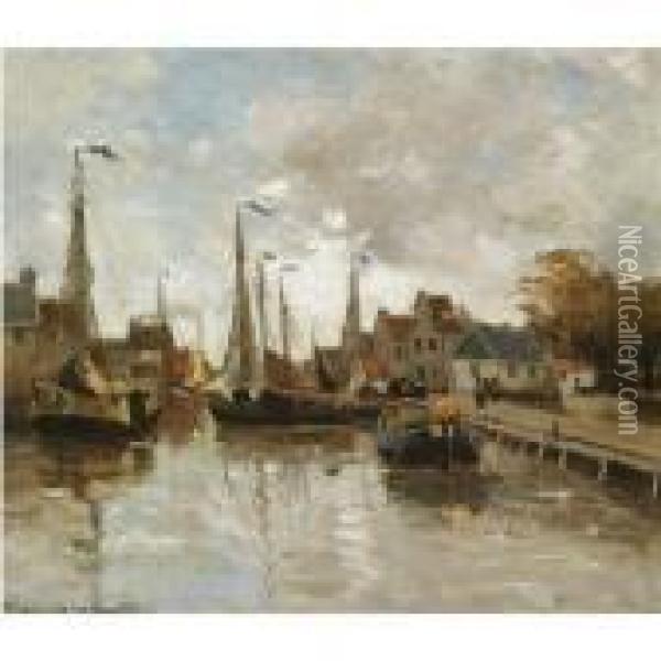 A View Of A Small Harbour, Possibly Katwijk Oil Painting - Gerhard Arij Ludwig Morgenstje Munthe