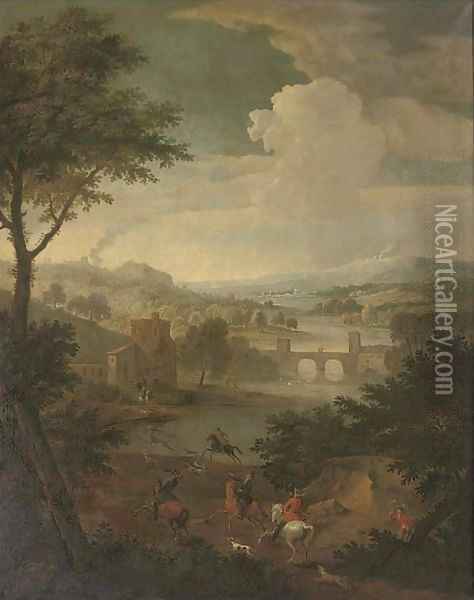 An extensive wooded river landscape with a stag hunt, a bridge beyond Oil Painting - Jan Wyck