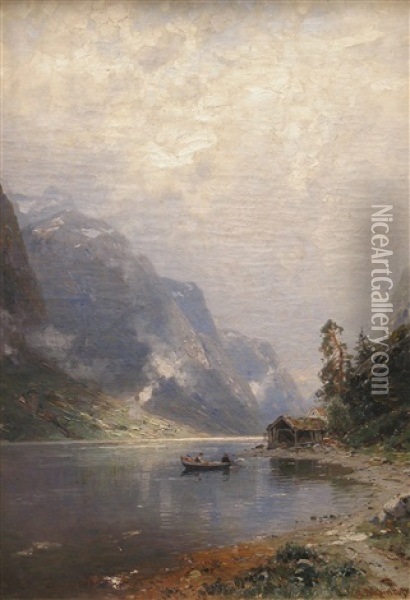 Angler Auf Einem Norwegischen Fjord Oil Painting - Georg Anton Rasmussen