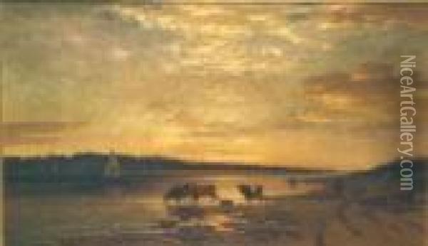 Cattle Watering At Sunset Oil Painting - John Carleton Wiggins