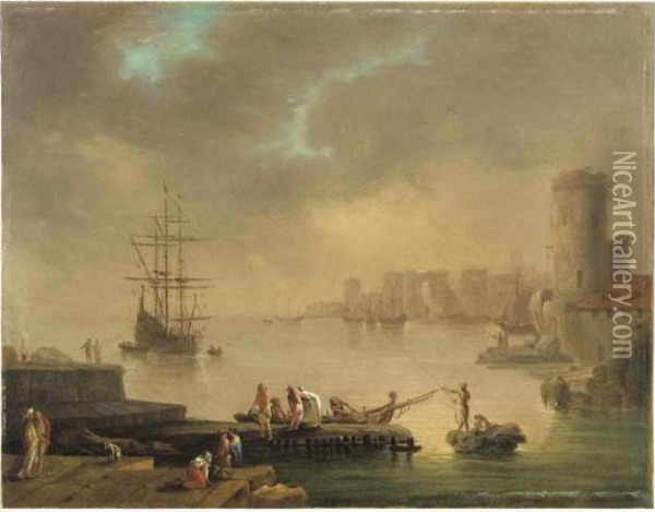 Scenes De Port Mediterraneen Avec Personnages Oil Painting - Charles Francois Lacroix de Marseille