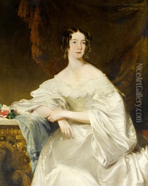 Portrait Of The Hon. Jane Edwards, Lady Dering, In A White Silk Dress, Seated At A Table Before A Velvet Curtain Oil Painting - Frederick Richard Say