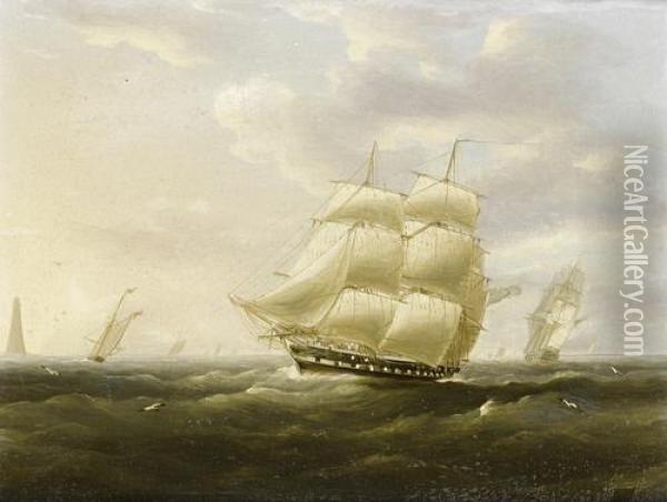 A British Frigate Bowling Down The Channel On A Breezy Day Past The Eddystone Lighthouse Oil Painting - Thomas Buttersworth