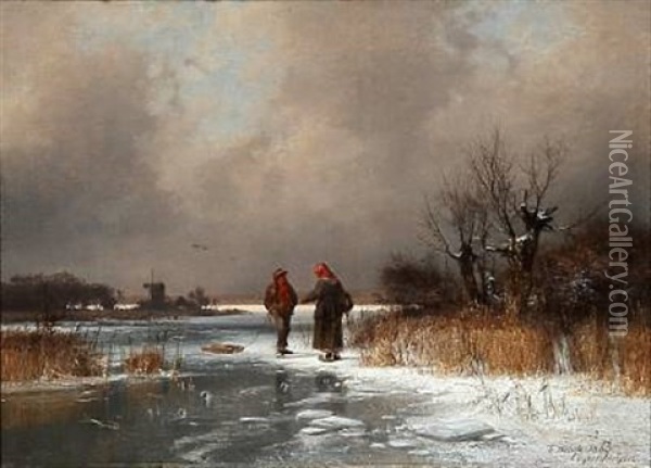 A Talk On A Frozen Lake Oil Painting - Frederik Niels Martin Rohde