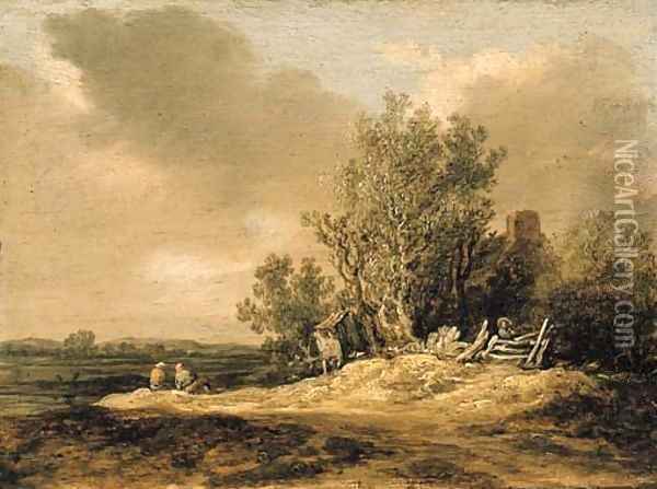 A wooded landscape with figures on a path Oil Painting - Jan van Goyen