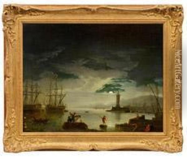 Sudlicher Hafen Mitsegelschiffen Im Mondschein Oil Painting - Charles Francois Lacroix de Marseille