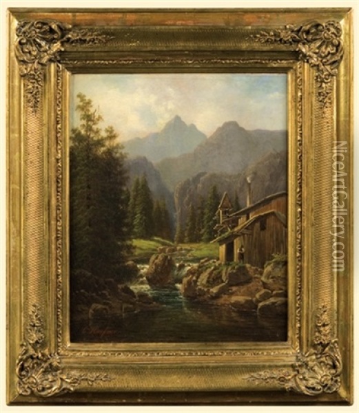 Mountain Landscape With A Hut Oil Painting - Carl Hafner