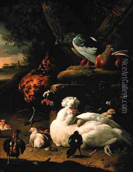 A hen with chicks a rooster and pigeons in a landscape Oil Painting - Melchior de Hondecoeter