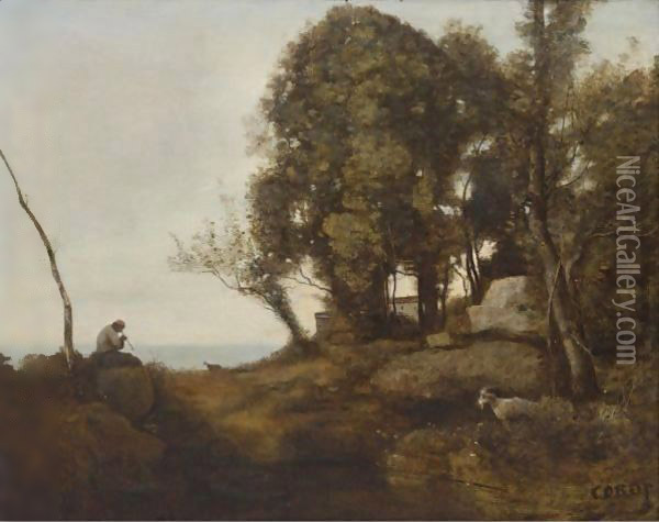 Le Chevrier Assis Dans La Clairiere Sur Une Roche Oil Painting - Jean-Baptiste-Camille Corot