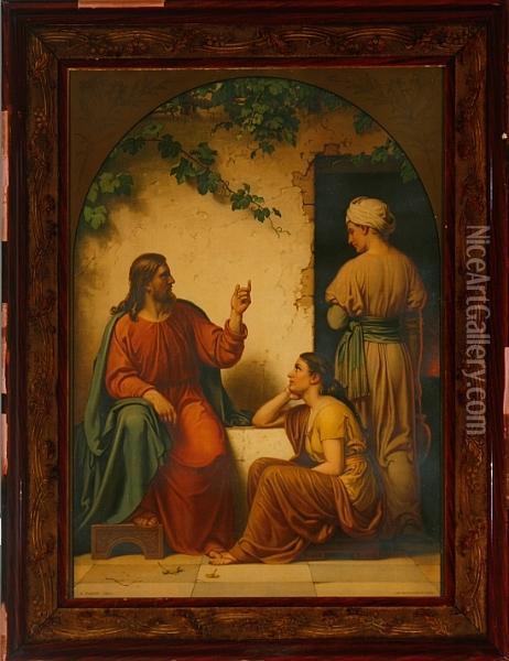 Dorph: Jesus Are Talking To The 
Sisters Martha And Maria. Stamp Signed And Dated A. Dorph 188. 
Lithograph In Colours. Visible Size 7 X 51 Cm Oil Painting - Anton Laurids J. Dorph
