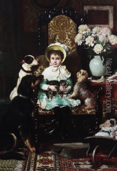 Doddy And Her Pets; A Portrait Of The Daughter Of J. Rolls Hoare Esq, Artist Label Verso Oil Painting - Charles Trevor Garland