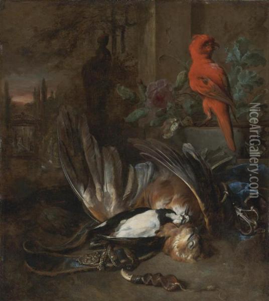 A Hunting Still Life With An 
Eagle And A Woodpecker Together With Hunting Paraphernalia And A Red 
Parrot, In A Landscape Oil Painting - Jan Weenix