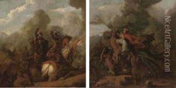 A Cavalry Skirmish; And A Cavalry Skirmish With A Fallenhorse Oil Painting - Guglielmo Cortese Il Borgognone