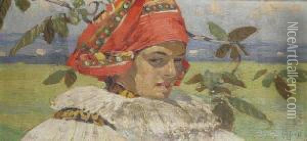 A Girl In A Folk Costume Oil Painting - Joza Uprka