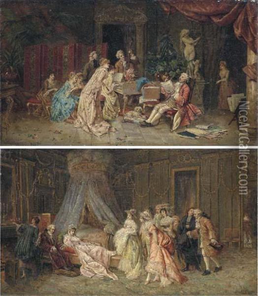 The Visitors; And The Recital Oil Painting - Jose De Cala Y Moya