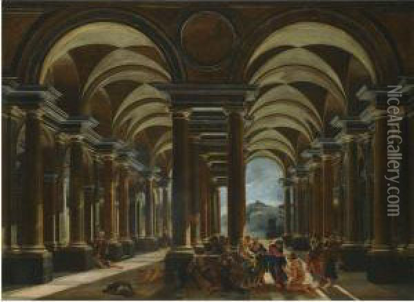 An Architectural Capriccio With Christ Curing A Leper Oil Painting - Viviano Codazzi