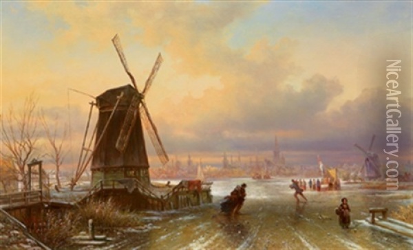 Eisvergnugen Vor Hollandischer Stadtansicht Oil Painting - Elias Pieter van Bommel