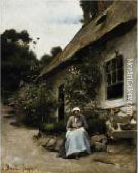 Woman Sewing In Front Of Her Cottage Oil Painting - Joseph Bail