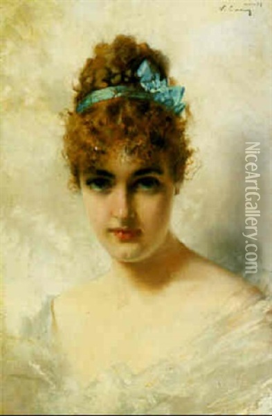 A Young Girl In Blue And White Oil Painting - Vittorio Matteo Corcos