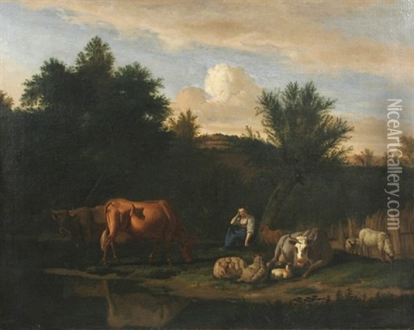 Landschaft Mit Hirtin Und Ihrer Herde Im Abendlicht Oil Painting - Johann Heinrich Roos