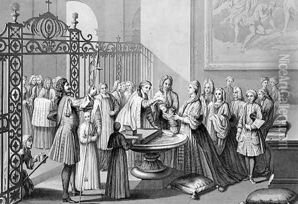 Baptism according to the Church of Rome in the 18th century, engraved by A. Thorn, from World Religion, published by A. Fullarton and Co. Oil Painting - Picart