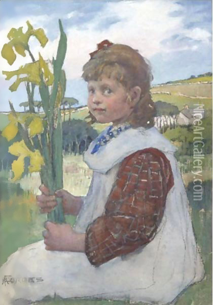 Girl With Irises Oil Painting - Elizabeth Stanhope Forbes
