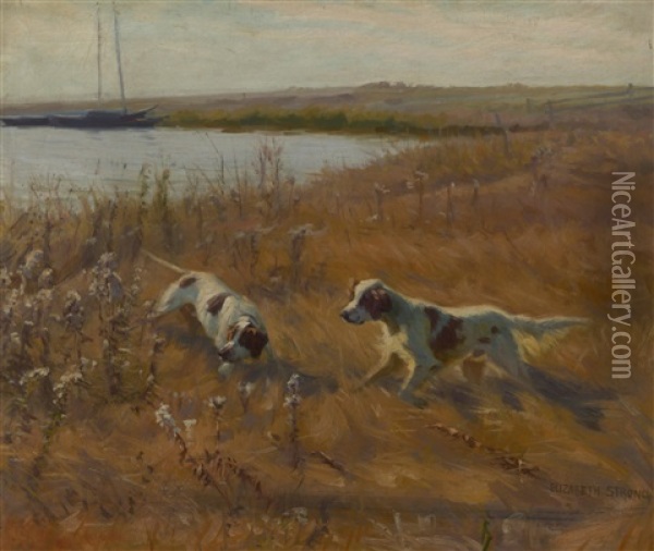 English Setters Beside A Lake Oil Painting - Elizabeth Strong