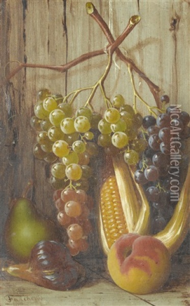Still Life Of Fruit With Grapes, Corn And A Peach Oil Painting - Giuseppe Falchetti