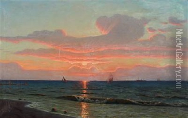 Coastal Scenery With Ships At The Sea At Sunset Oil Painting - Albert Evard Wang