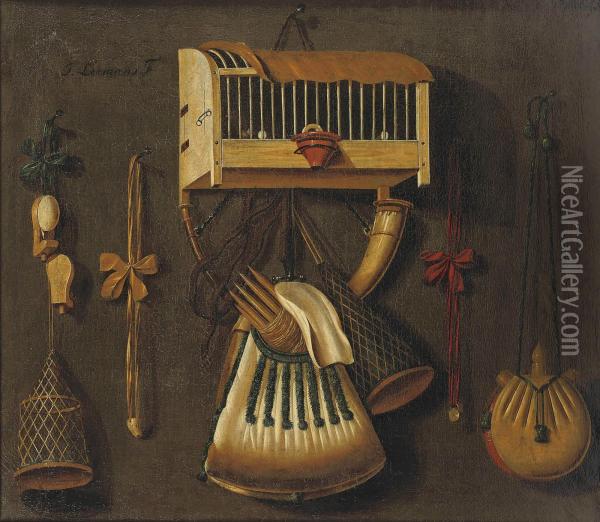 A 'trompe L'oeil' Still Life With A Bird In A Cage, A Hunting Horn,a Bird Whistle, And Other Hunting Implements Hanging On Awall Oil Painting - Johannes Leemans